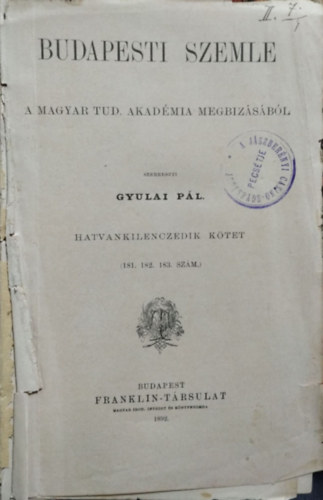 Könyv: Budapesti Szemle, 69. kötet 181-183. szám (1892) (Gyulai Pál (szerk.))