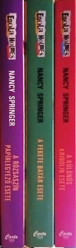 Könyv: 3 db Enola Holmes: A különös krinolin esete, A fekete batár esete, A rózsaszín papírlegyező esete (Nancy Springer)