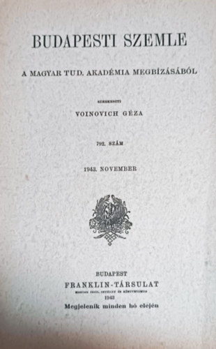 Könyv: Budapesti szemle 792. szám 1943. november (Voinovich Géza)