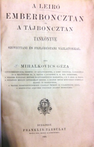 Mihalkovics Géza: A leíró emberboncztan és tájboncztan tankönyve